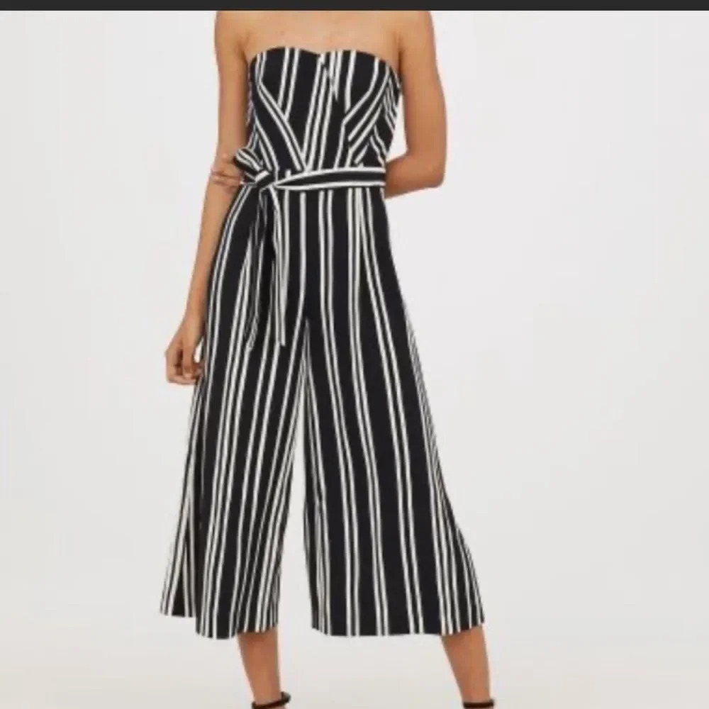 stripped strapless wide leg jumpsuit